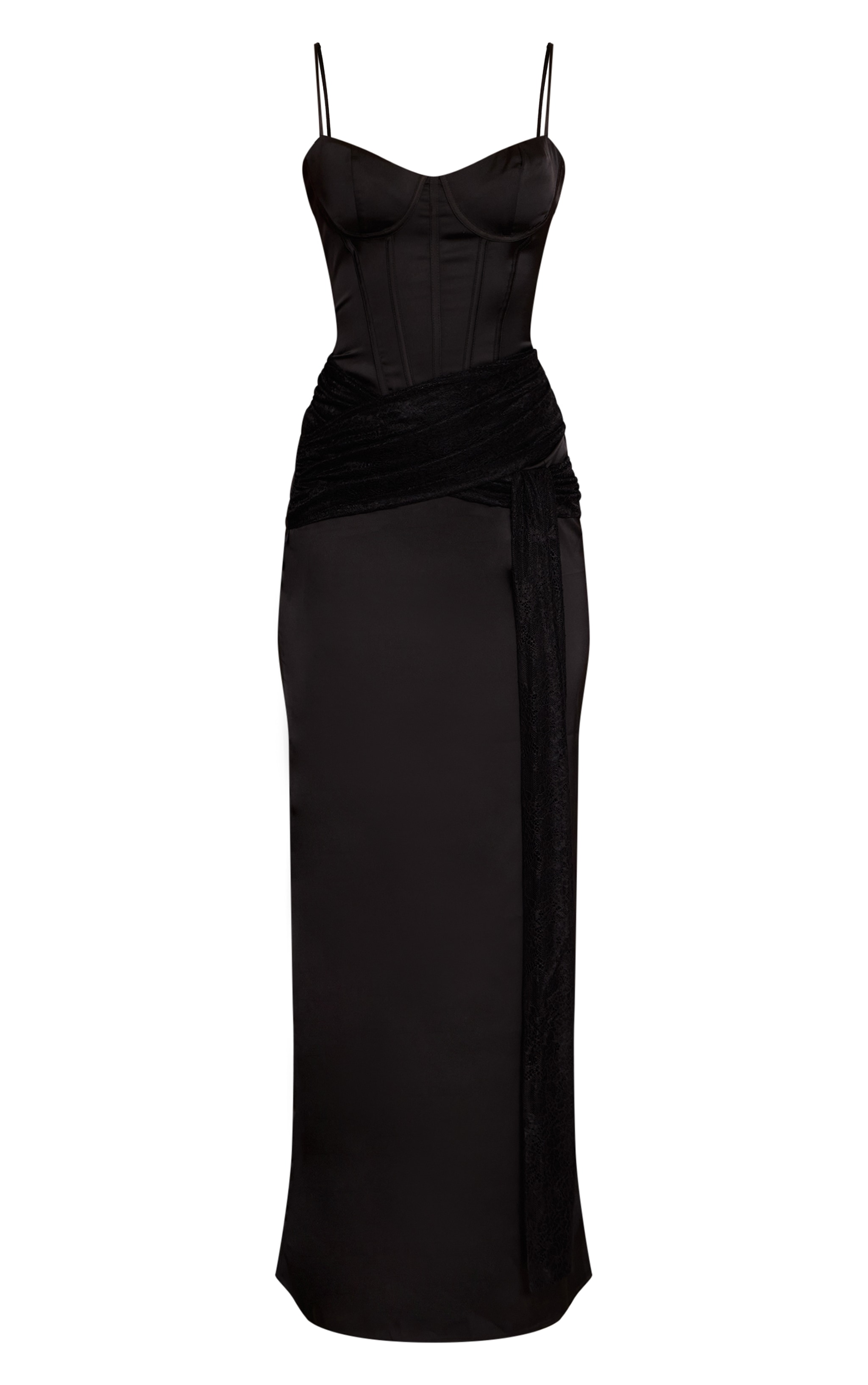 Black Satin Corset Lace Wrap Detail Maxi Dress image 5