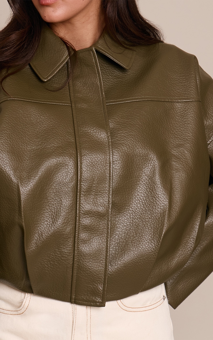 Khaki Faux Leather Covered Placket Bomber Jacket image 4