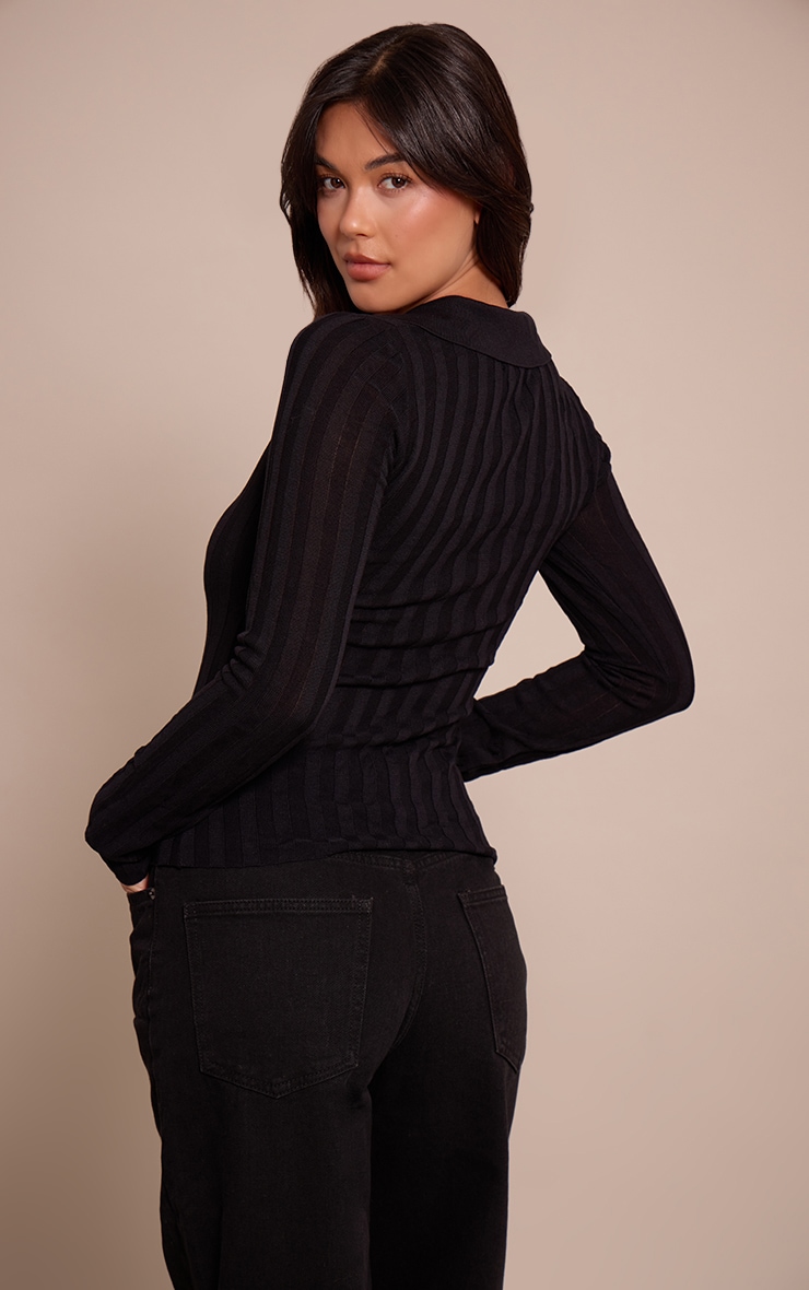 Black Ribbed Sheer Knit Polo Top image 2