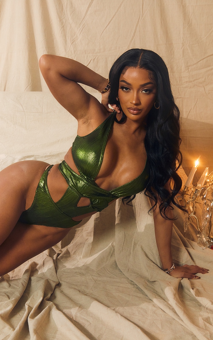 Shape Green Metallic Plunge Cut Out Bodysuit image 2