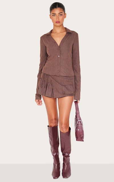 Dark Brown Peach Skin Pinstripe Detail Woven Frill Cargo Detail Skort