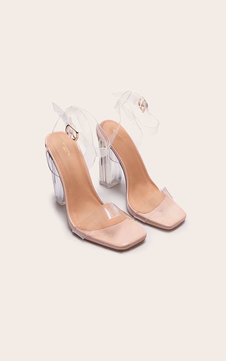 Nude Wide Fit Clear High Block Heel Strappy Heel Sandals image 3