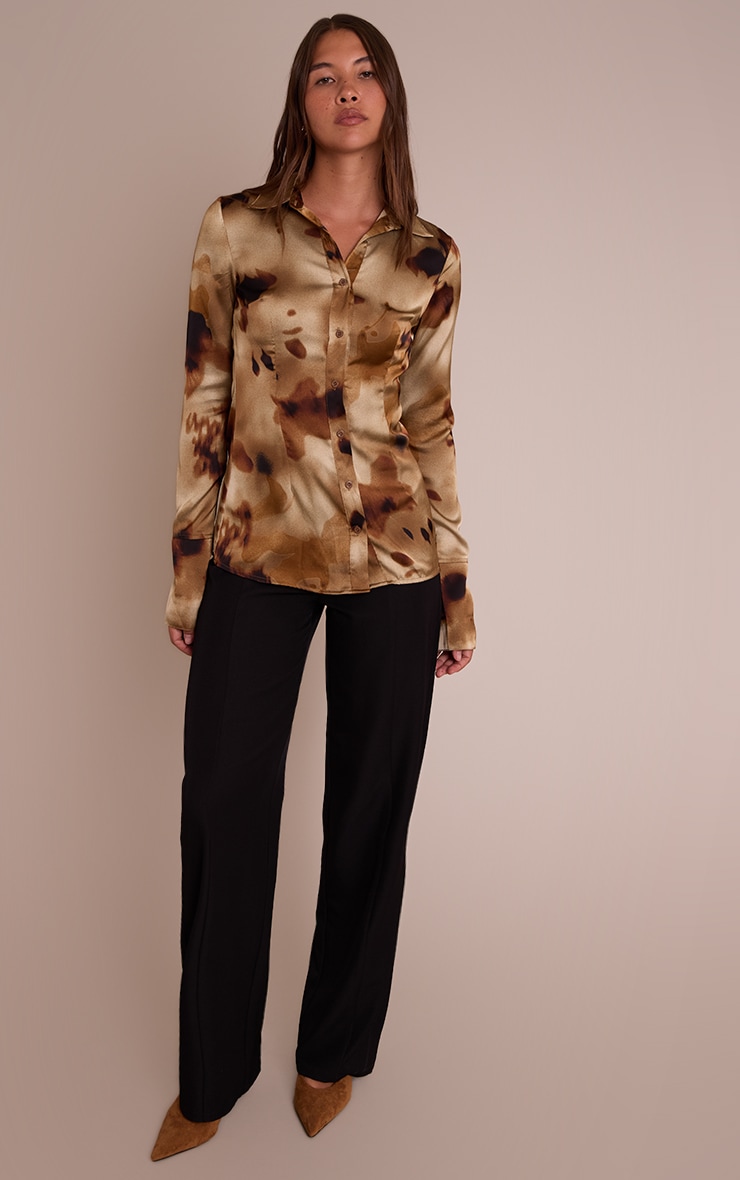 Brown Floral Abstract Print Satin Fitted Shirt image 3