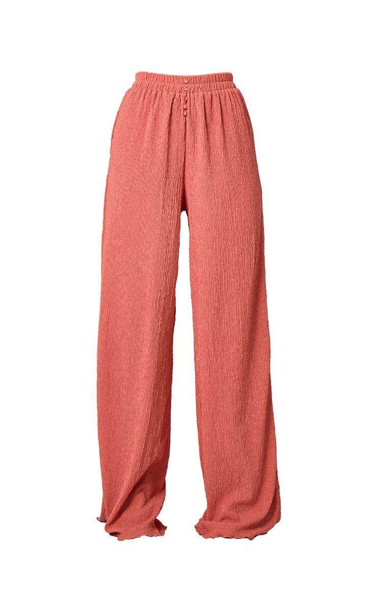 Dusty Rose Crinkle Textured Button Front Wide Leg Pants image 3