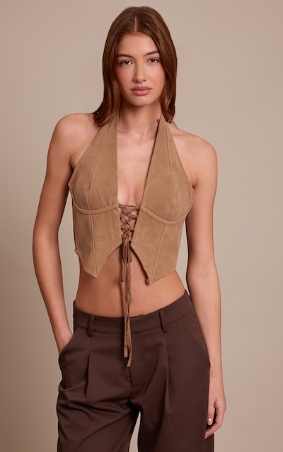 Tan Faux Suede Lace Up Plunge Halterneck Top