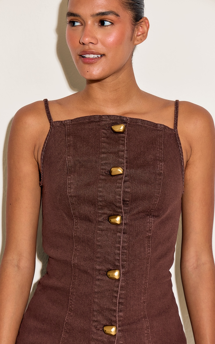Top débardeur en jean chocolat à boutons dorés et lisérés surjetés image 4