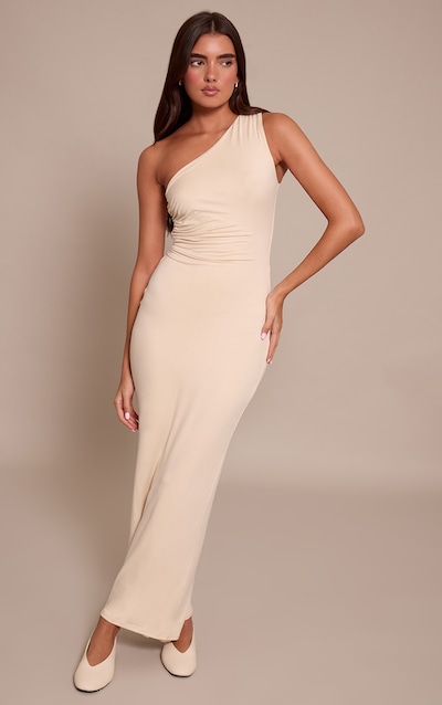 Robe mi-longue crème à une épaule toucher doux