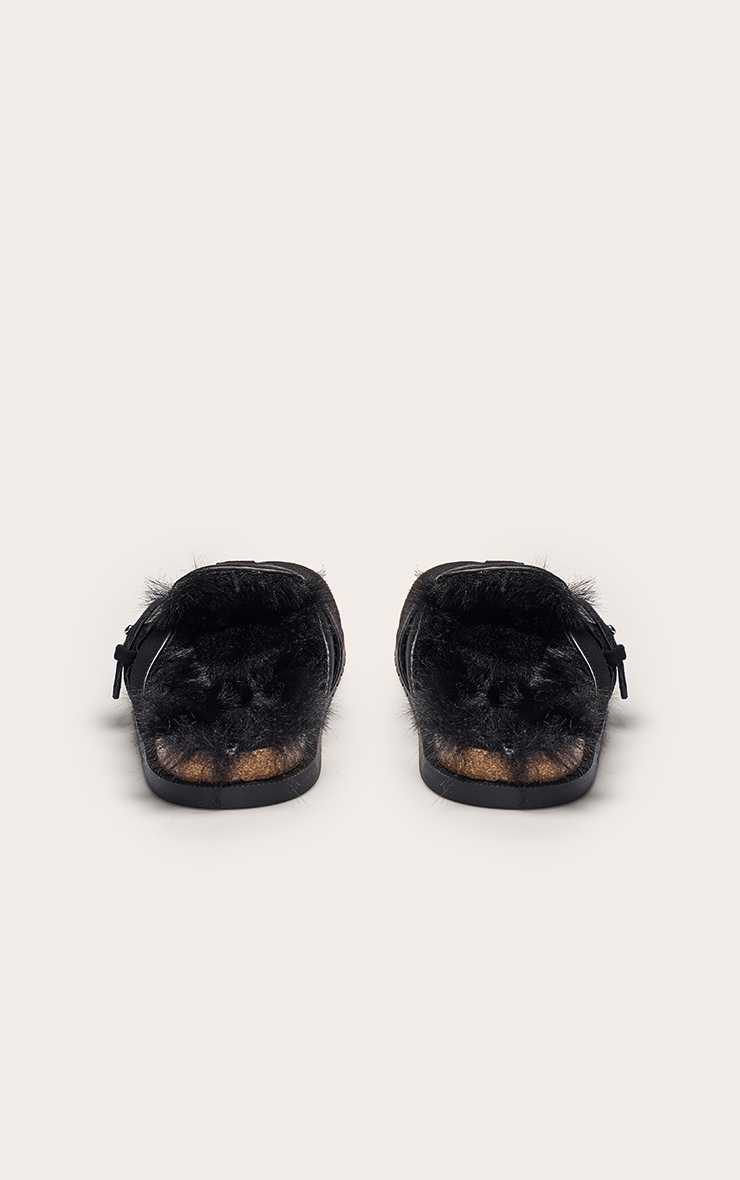 Black Faux Suede Faux Fur Lined Buckle Mules image 4