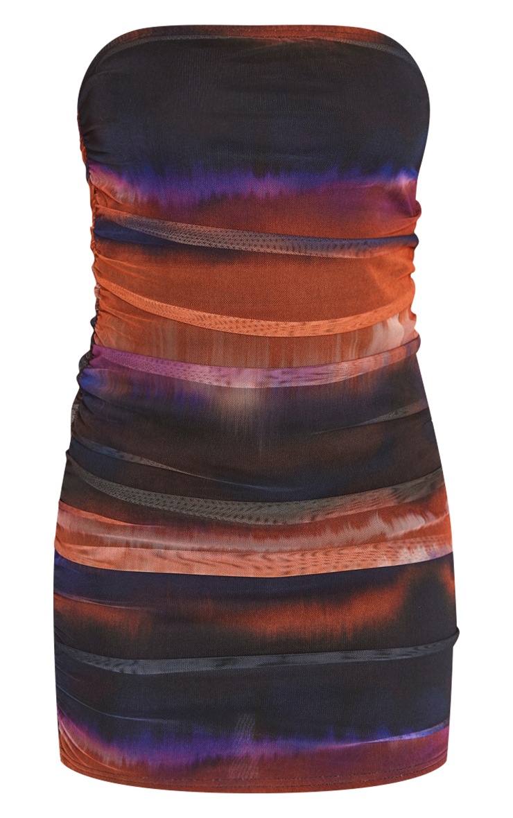 Brown Abstract Print Mesh Lined Bandeau Bodycon Dress image 5