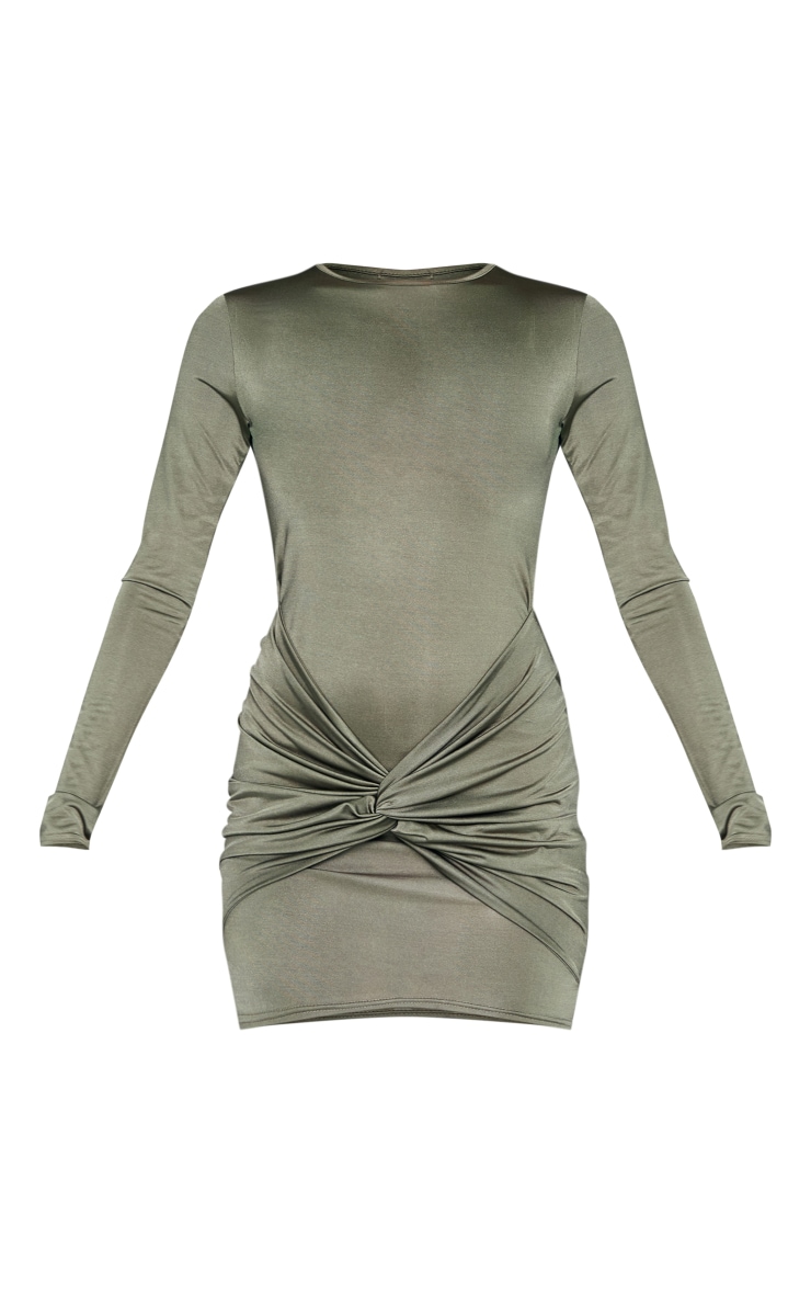 Khaki Disco Slinky Knot Front Detail Bodycon Dress image 5