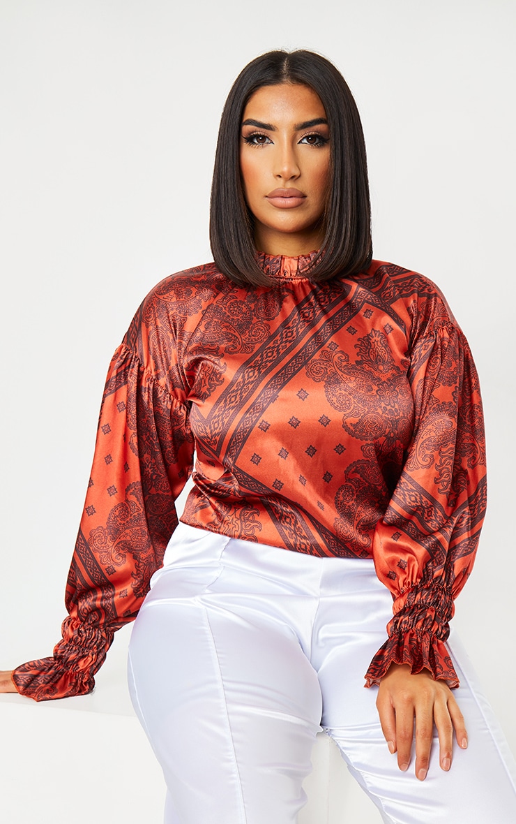 Rust Tile Pleated High Neck Satin Blouse