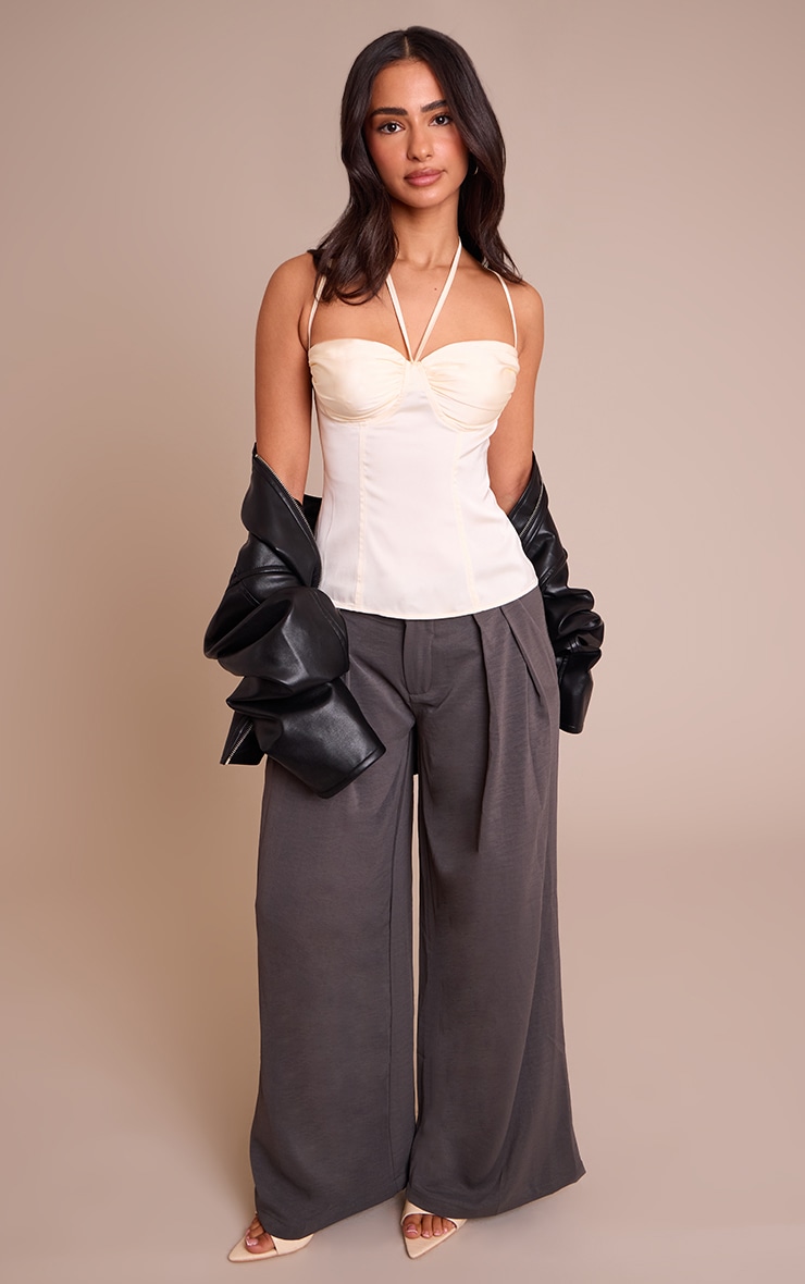 Petite Charcoal Floaty Woven Double Pleat Wide Leg Pants image 1