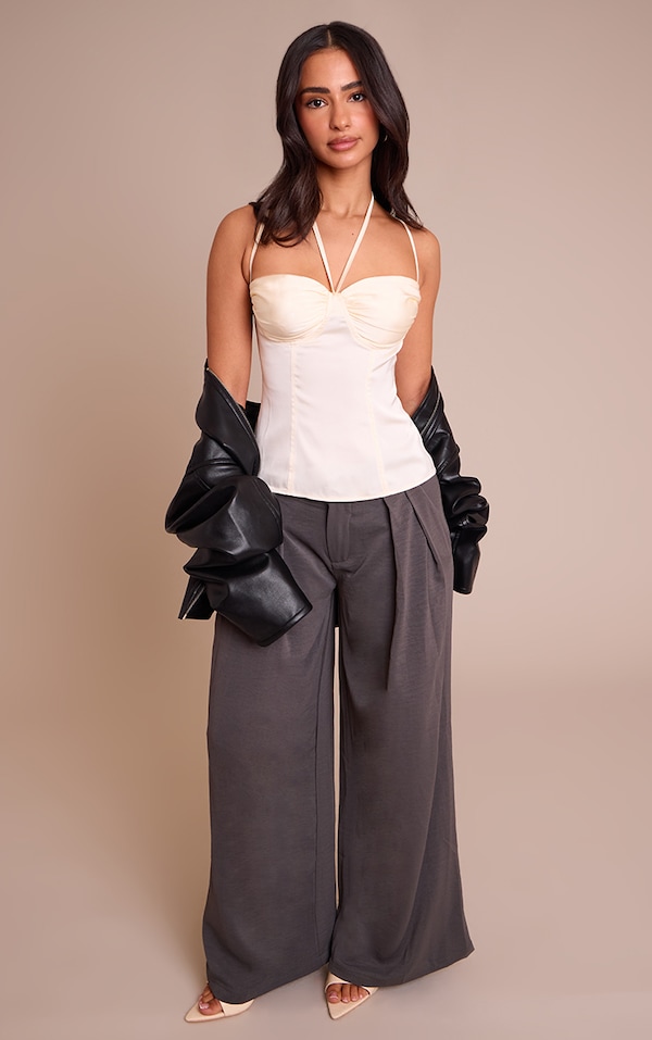 Petite Charcoal Floaty Woven Double Pleat Wide Leg Pants