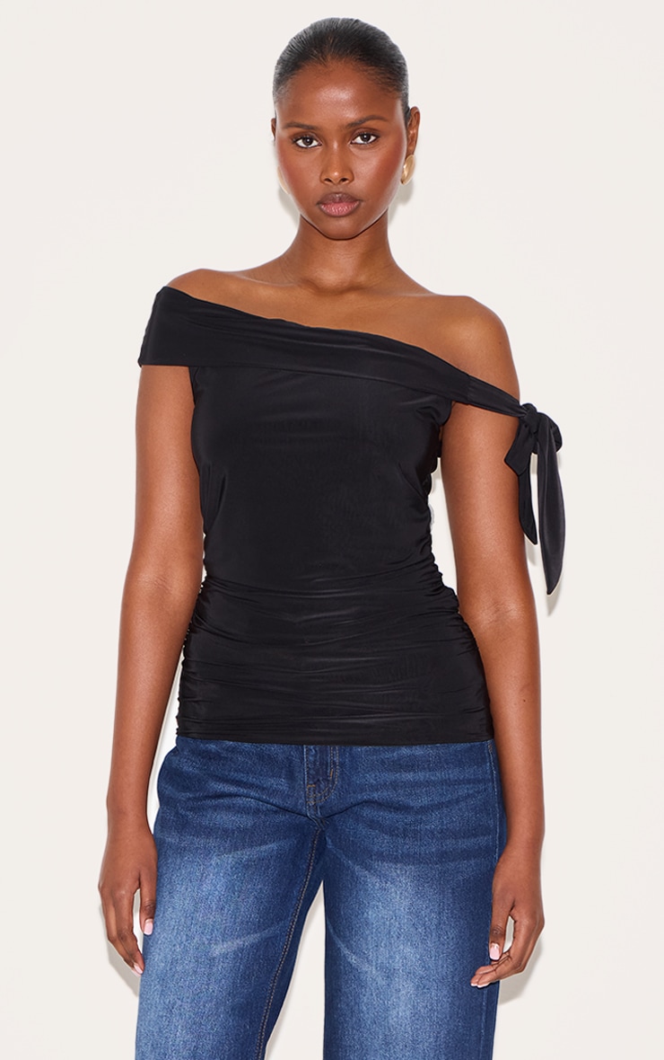 Black Double Layer Slinky Tie Shoulder Bardot Long Top image 1