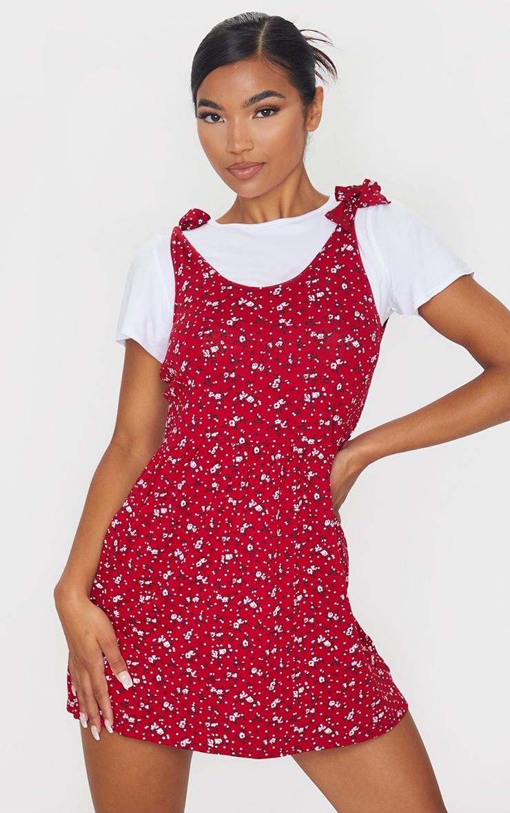 Red Ditsy Floral Print 2 in 1 Strappy Tie Strap Detail Shift Dress