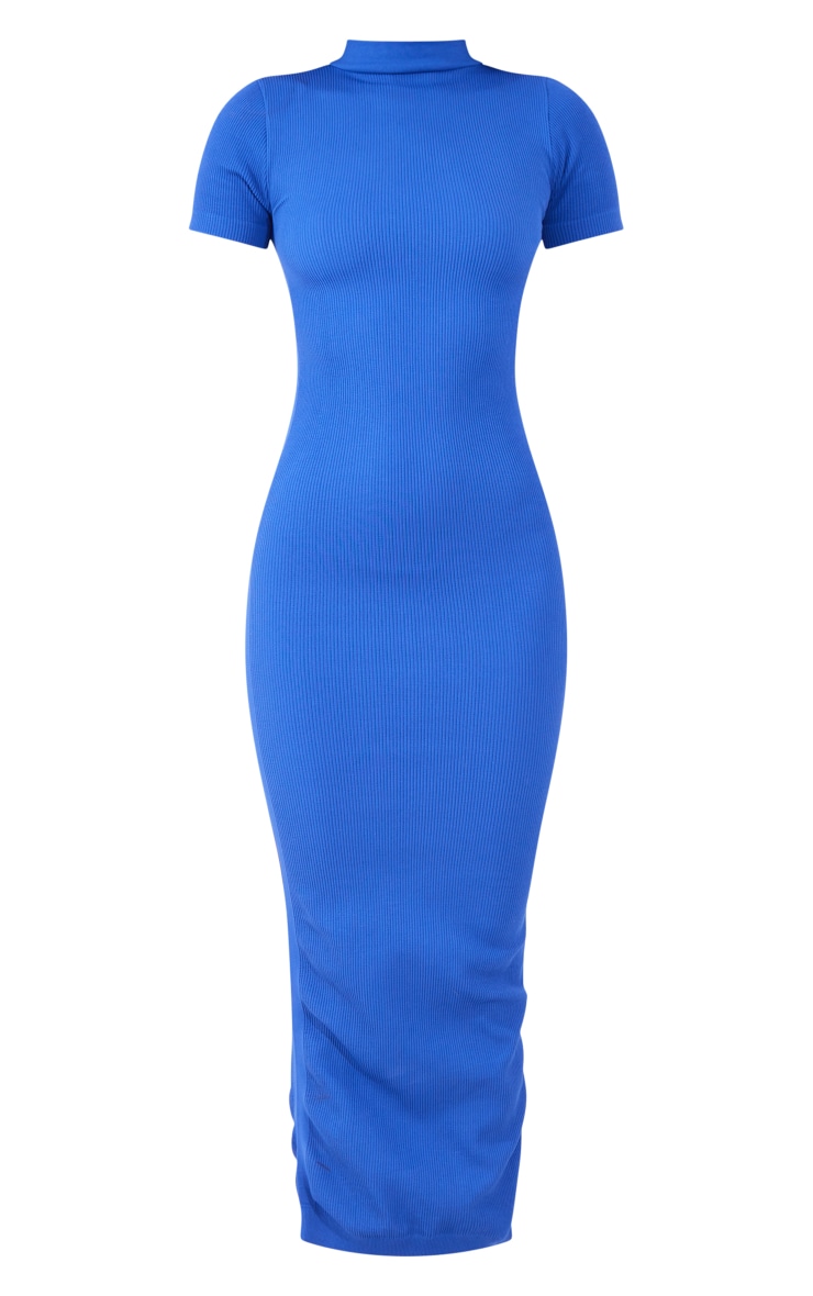 Bright Blue Structured Contour Rib High Neck Ruched Maxi Dress image 5