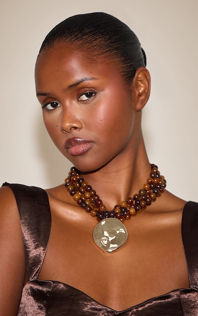 Smokey Brown Resin Gold Textured Pendant Necklace