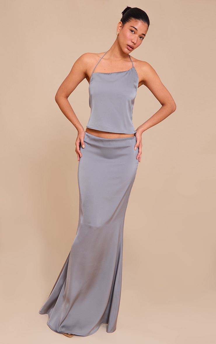 Grey Satin Mid Rise Maxi Skirt image 1