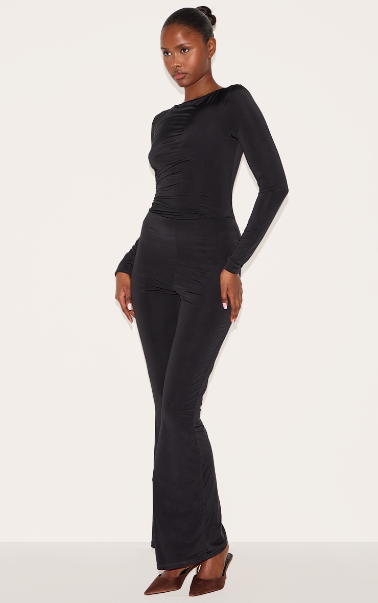  Black Double Layer Slinky Gathered Long Sleeve Wide Leg Jumpsuit - Image 3
