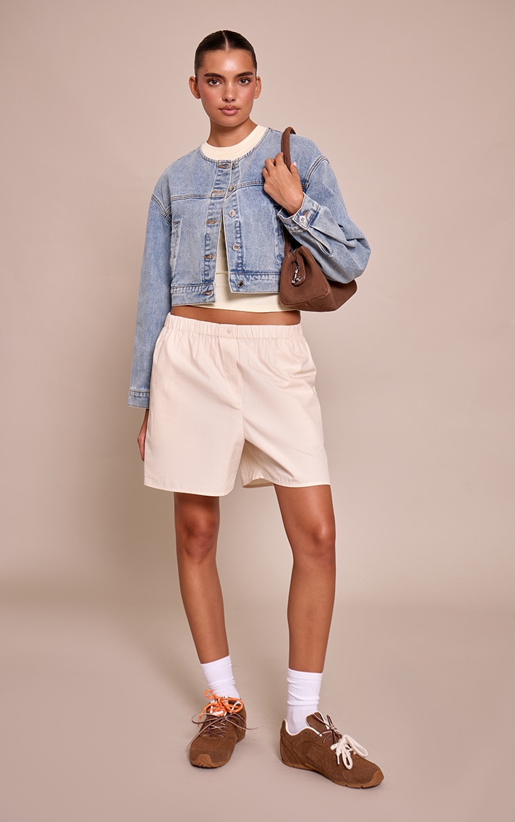 Mid Blue Wash Collarless Cropped Denim Jacket image 3