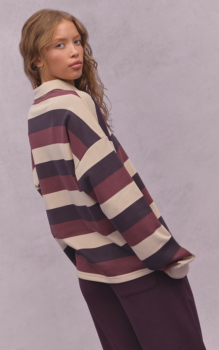 Plum and Cream Athletics Club Stripe Polo Tshirt image 2