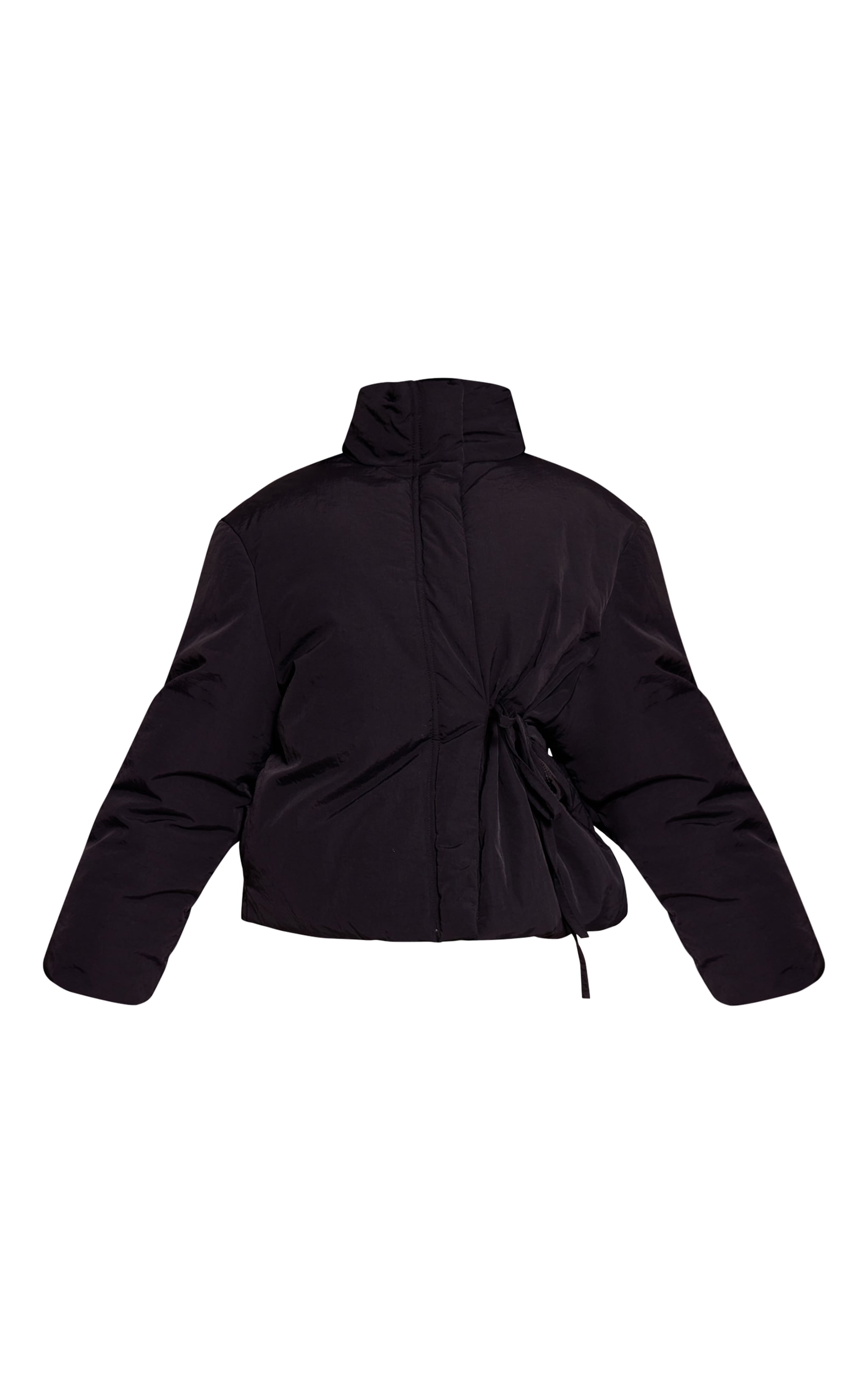 Petite Black High Neck Tie Waist Quilted Jacket image 5