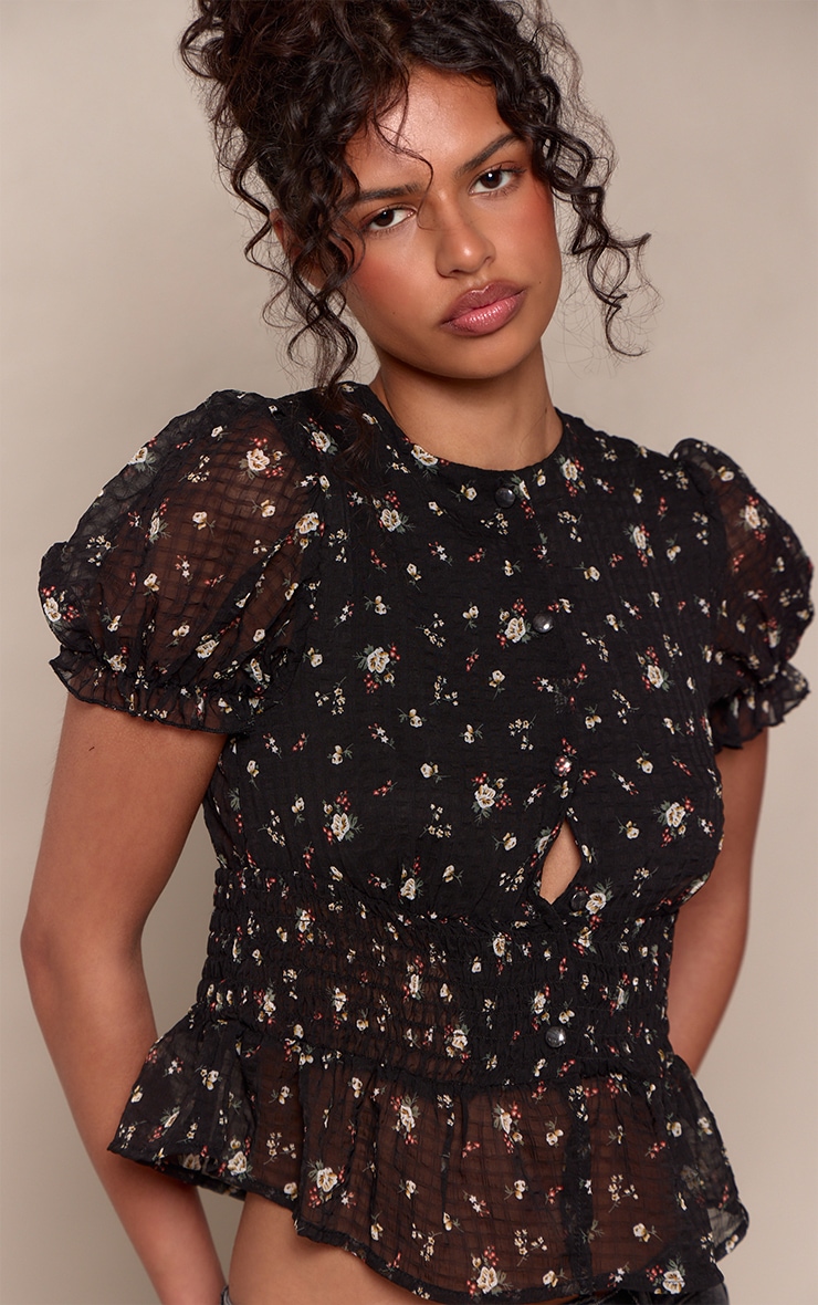 Black Floral Chiffon Puff Sleeve Top