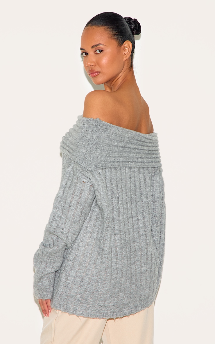 Grey Asymmetric Rib Knit Long Sleeve Top image 3