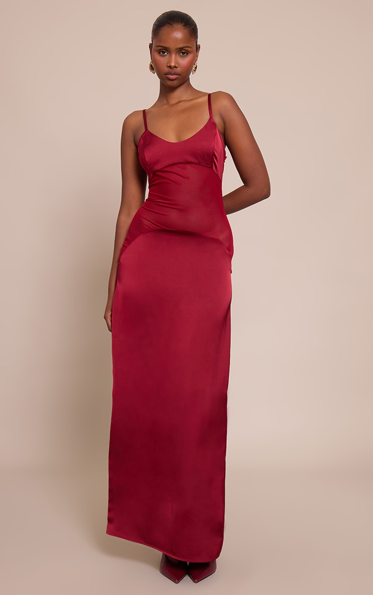 Robe longue satinée prune foncé à col rond et partie en mesh image 1