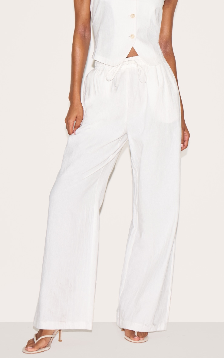 White Linen Look Tailored Draw String Wide Leg Pant image 2