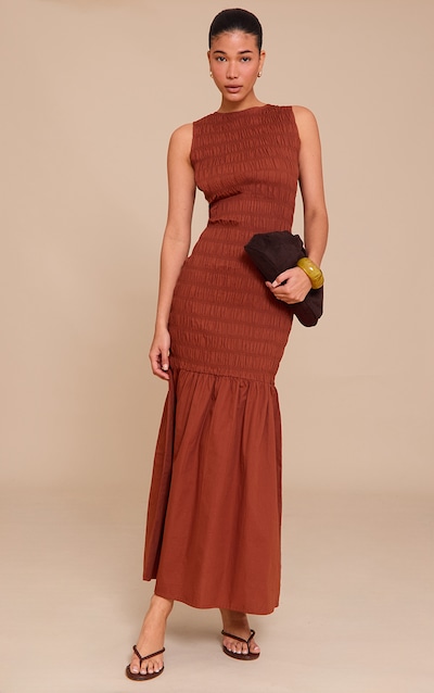 Robe longue châtaigne froncée à taille tombante