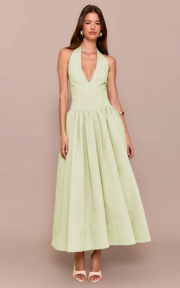 Sage Green Halterneck Tie Detail Ruched Midaxi Dress