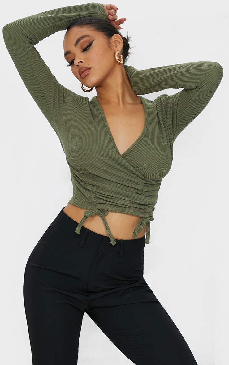Khaki Textured Rib Ruched Waist Long Sleeve Crop Top