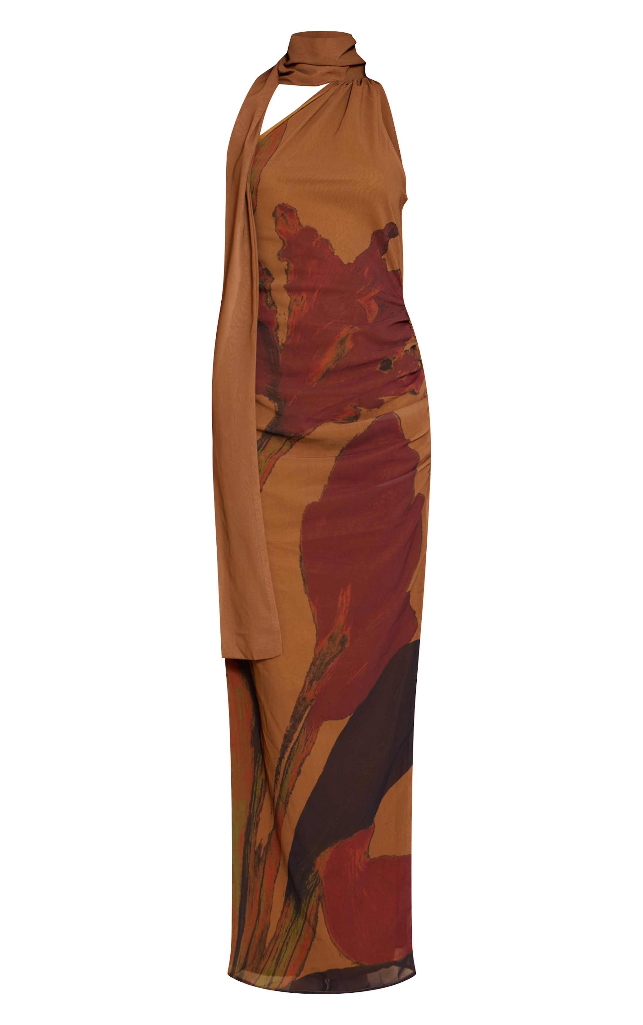 Brown Floral Print Chiffon High Neck Maxi Dress image 5