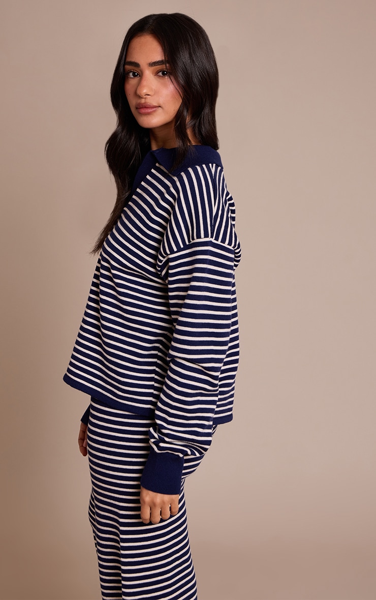 Petite Navy Striped Collar Knitted Sweater image 2
