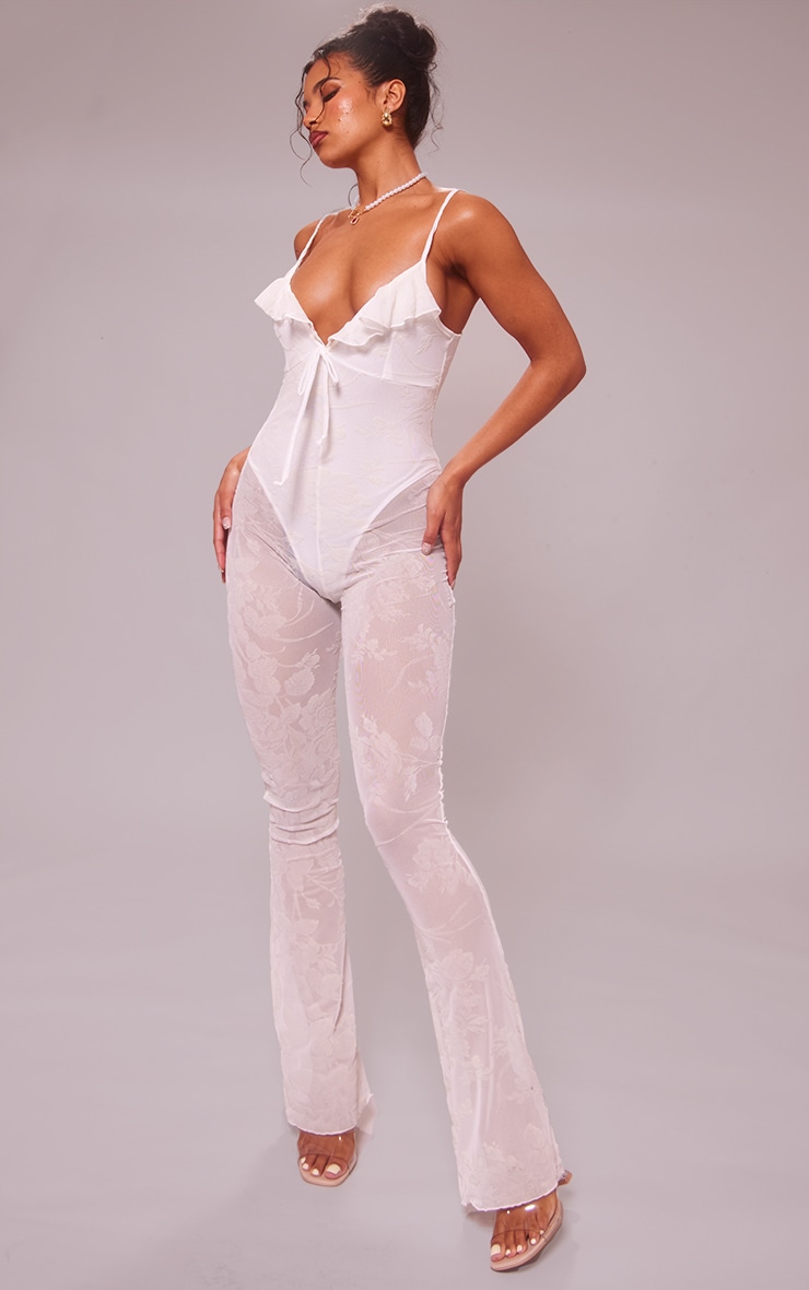 White Devore Ruffle Strappy Jumpsuit image 3