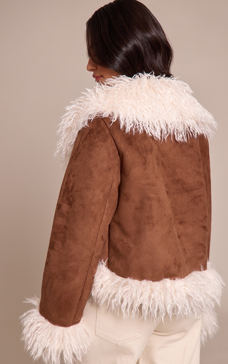 Petite Brown Faux Suede Fur Trim Afghan Coat image 2