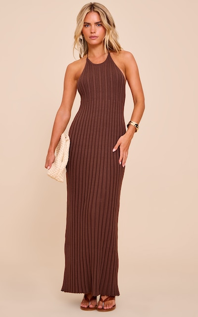 Petite Chocolate Knitted Halterneck Flowy Maxi Dress