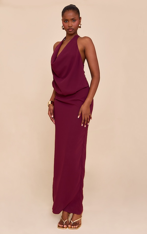 Plum Chiffon Halterneck Cowl Maxi Dress