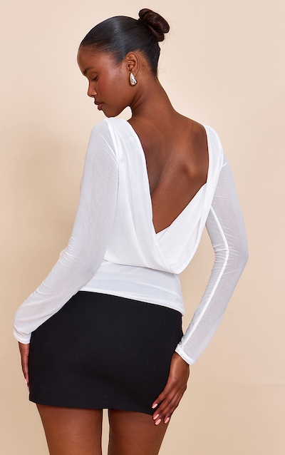 Cream Stretch Chiffon Cowl Back Long Sleeve Top
