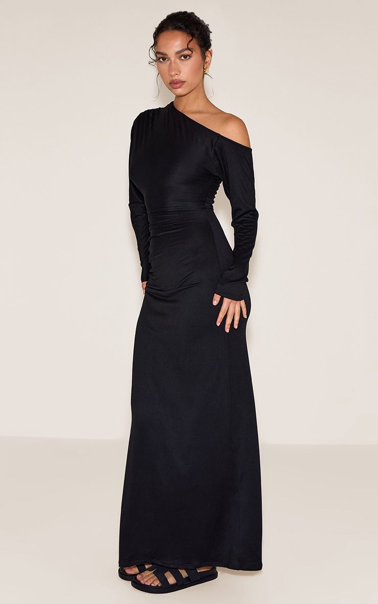 Black Soft Touch One Shoulder Long Sleeve Maxi Dress image 1