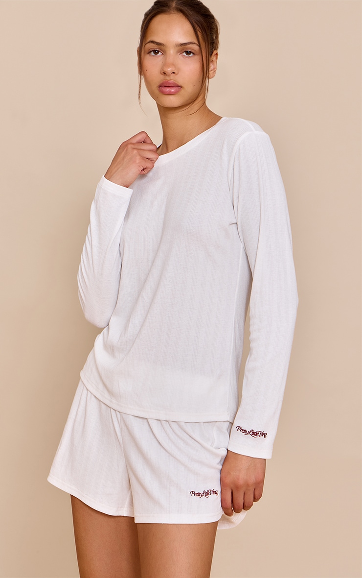 PRETTYLITTLETHING White Embroidered Pointelle Short Pj Set image 1