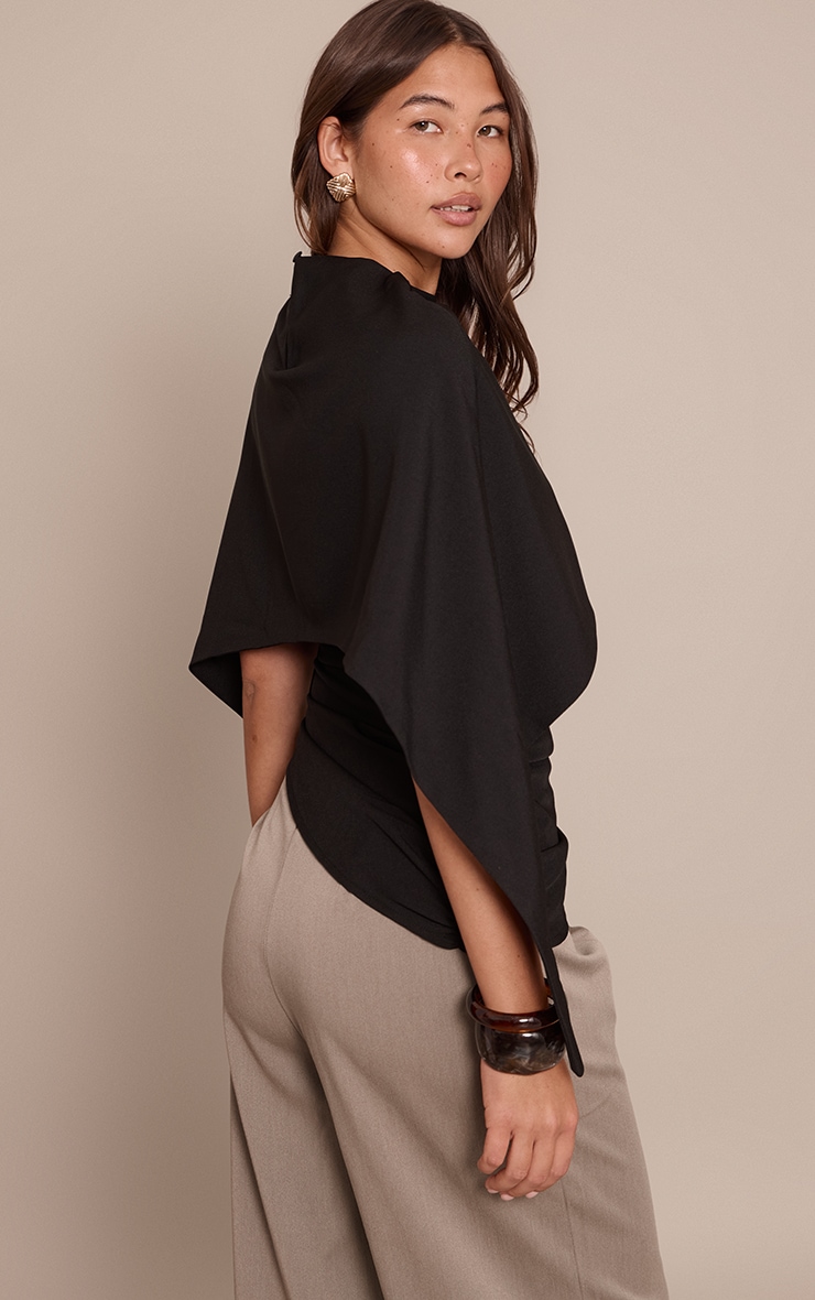 Black Woven Cape Detail Ruched Long Top image 2