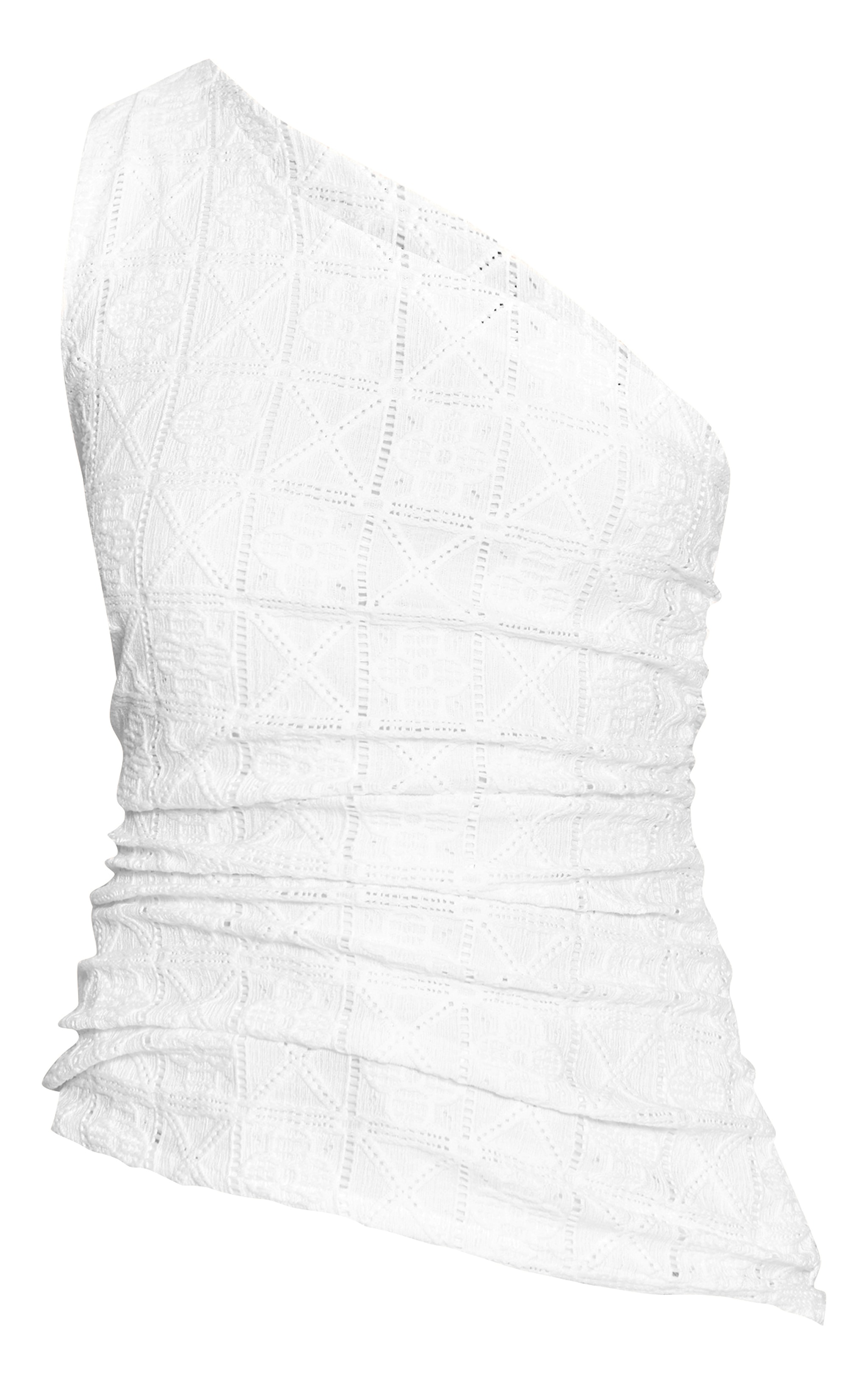 White Crochet Textured One Shoulder Ruched Top image 5