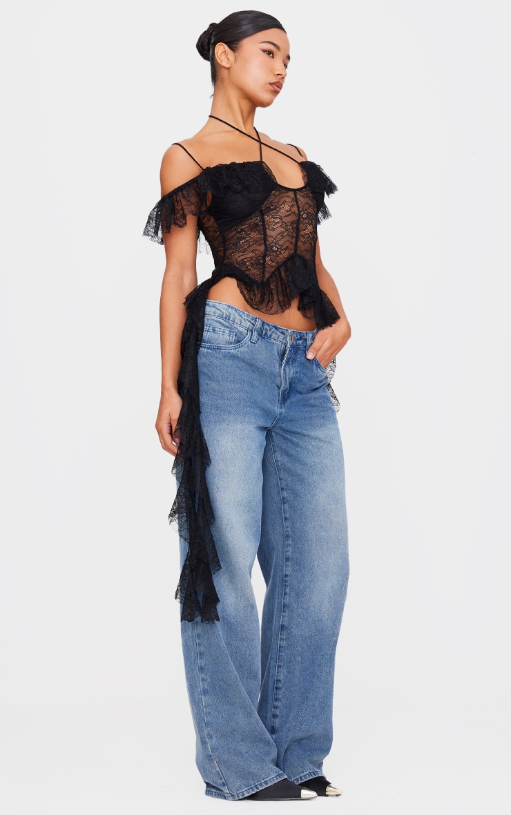 Black Lace Ruffle Halterneck Long Top - Image 3