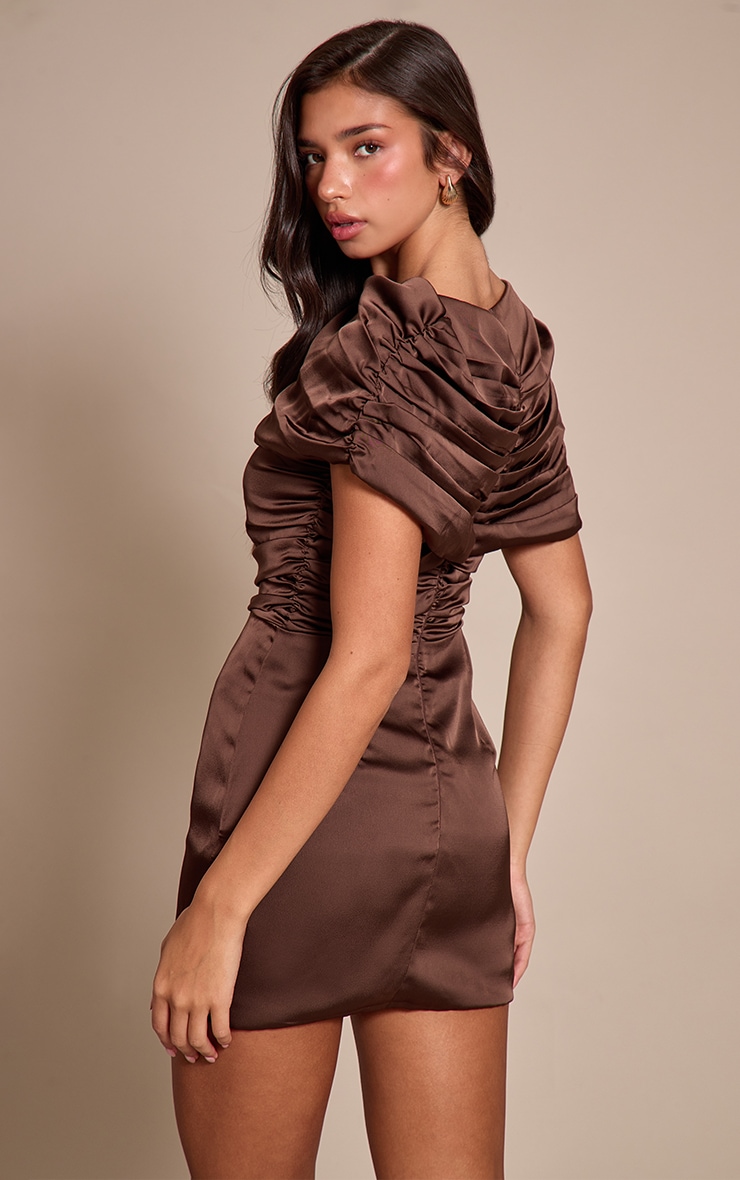 Chocolate Satin Wrap Detail Short Sleeve Mini Dress image 2