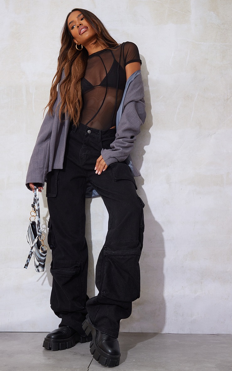 Black Mesh Overlock Short Sleeve Bodysuit image 3