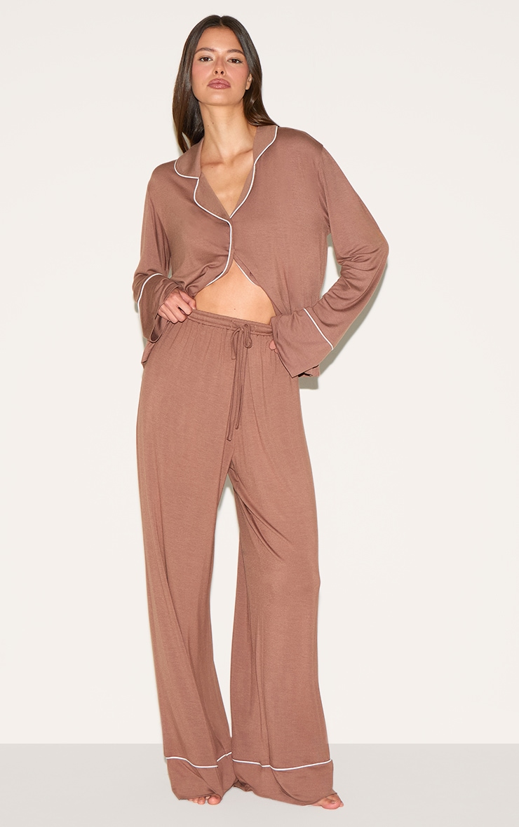 Mocha Modal Piping Long Pj Set image 1