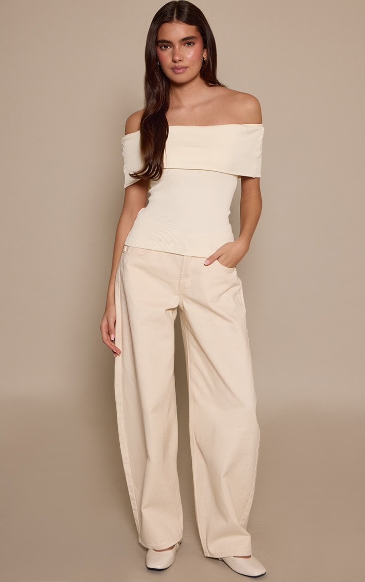 Cream Snatched Rib Fold Over Bardot Detail Long Top  image 3