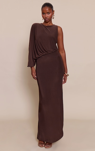 Robe longue moulante chocolat à haut ample asymétrique